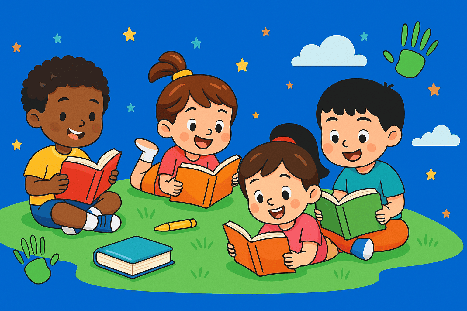 Diverse children reading books together outdoors
